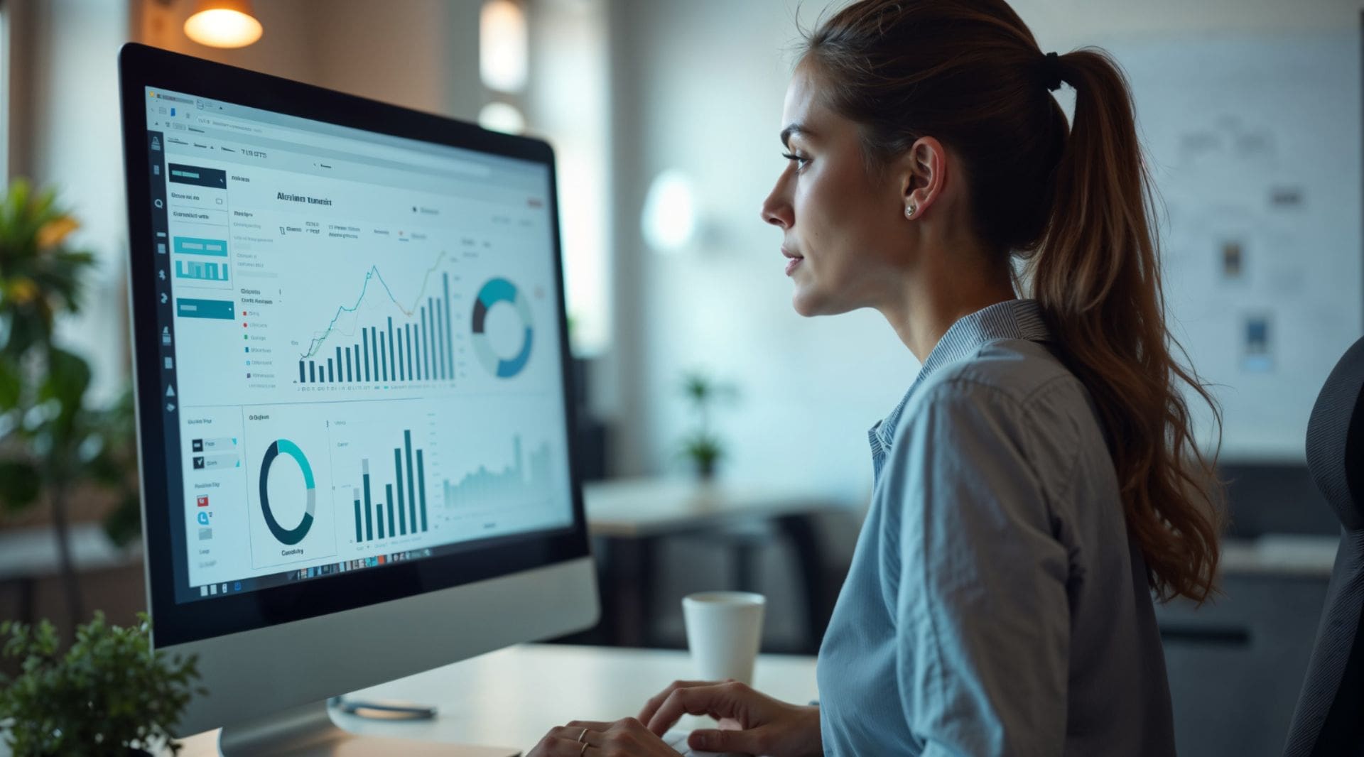 mulher usa computador para analisar gráficos e dados
